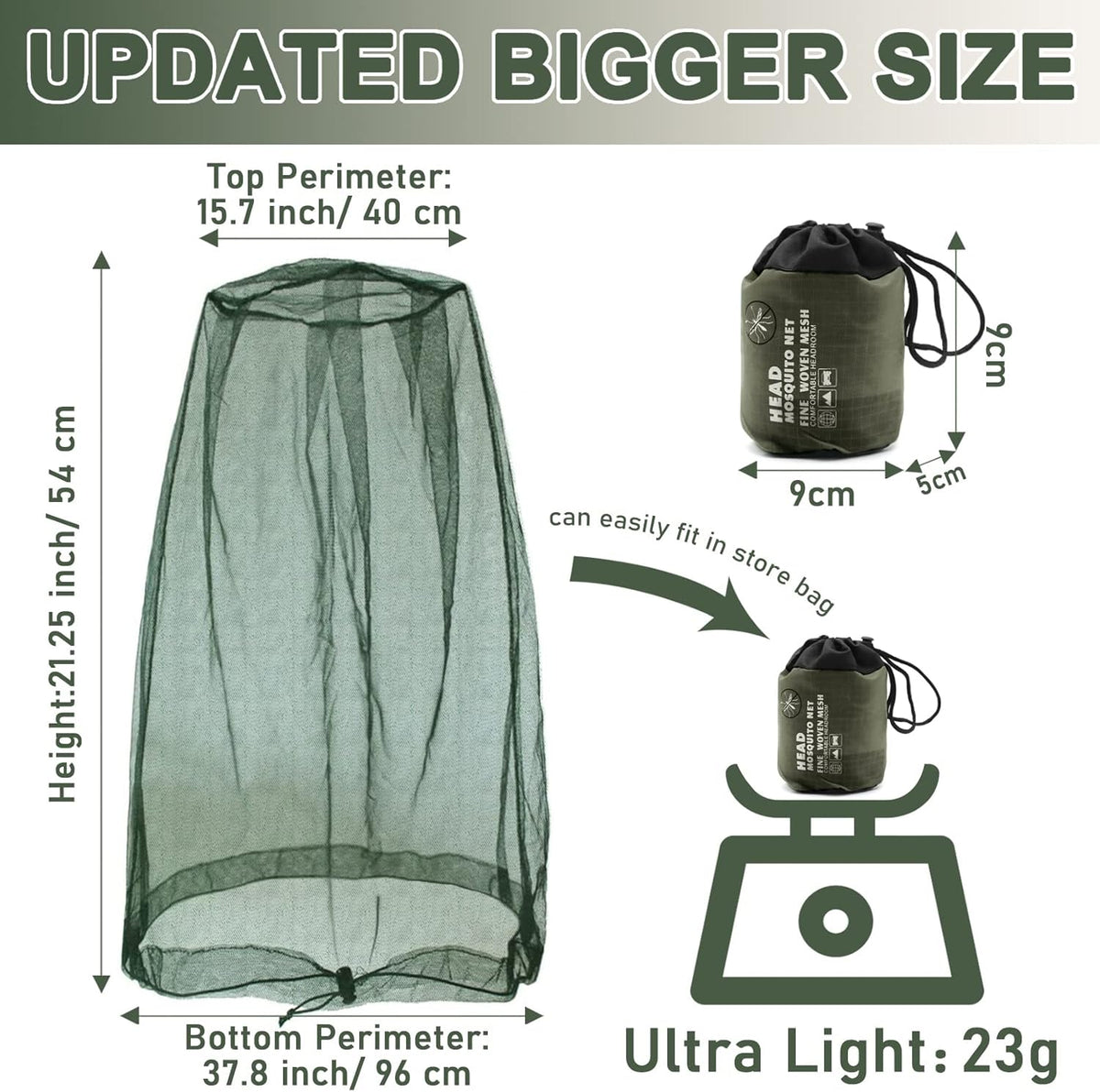 Benvo Mosquito Head Net Mesh, Face Neck Fly Netting Hood from Bugs Gnats Noseeums Screen Net for Any Outdoor Lover- with Carry Bags Fits Most Sizes of Hats Caps (2pcs, Black, Updated Big Net)