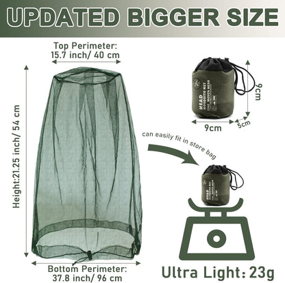 Benvo Mosquito Head Net Mesh, Face Neck Fly Netting Hood from Bugs Gnats Noseeums Screen Net for Any Outdoor Lover- with Carry Bags Fits Most Sizes of Hats Caps (2pcs, Black, Updated Big Net)