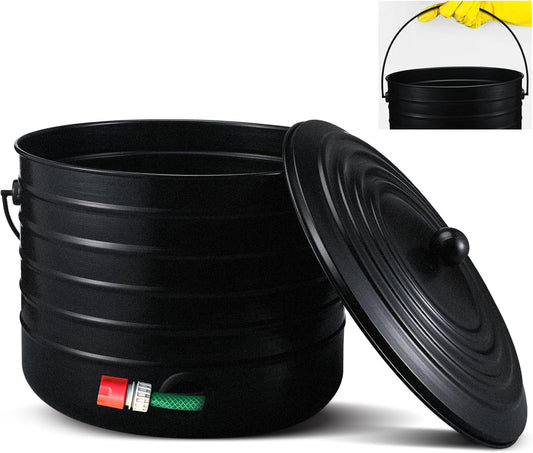 FillTouch Garden Hose Pot with Lid and Handle, Matte Black Ribbed Steel Garden Hose Holder Water Hose Storage Container for Outside Backyard Patio, Holds 100ft Hose