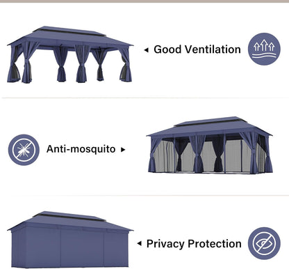 10x20 Gazebo Canopy with 100FT String Lights, Metal Heavy Duty Patio Canopy Tent with Double Roofs, Mosquito Nettings and Privacy Screens for Backyard, Garden, Lawn, Gray