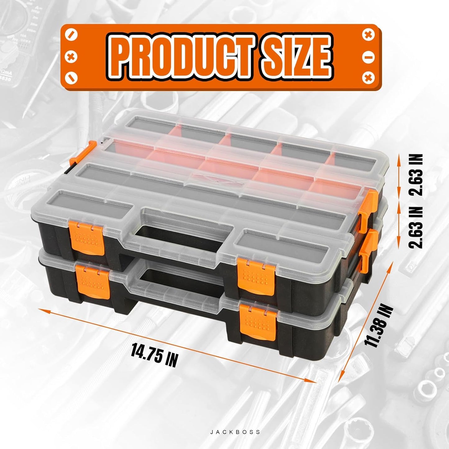 Jack Boss Tool Box with Transparent Lid, Double Side 34-Compartments Organizer Box with Removable Dividers for Hardware, Screws, Bolts, Nails, Beads, Jewelry and Fishing Accessories, Orange, 2 Pack