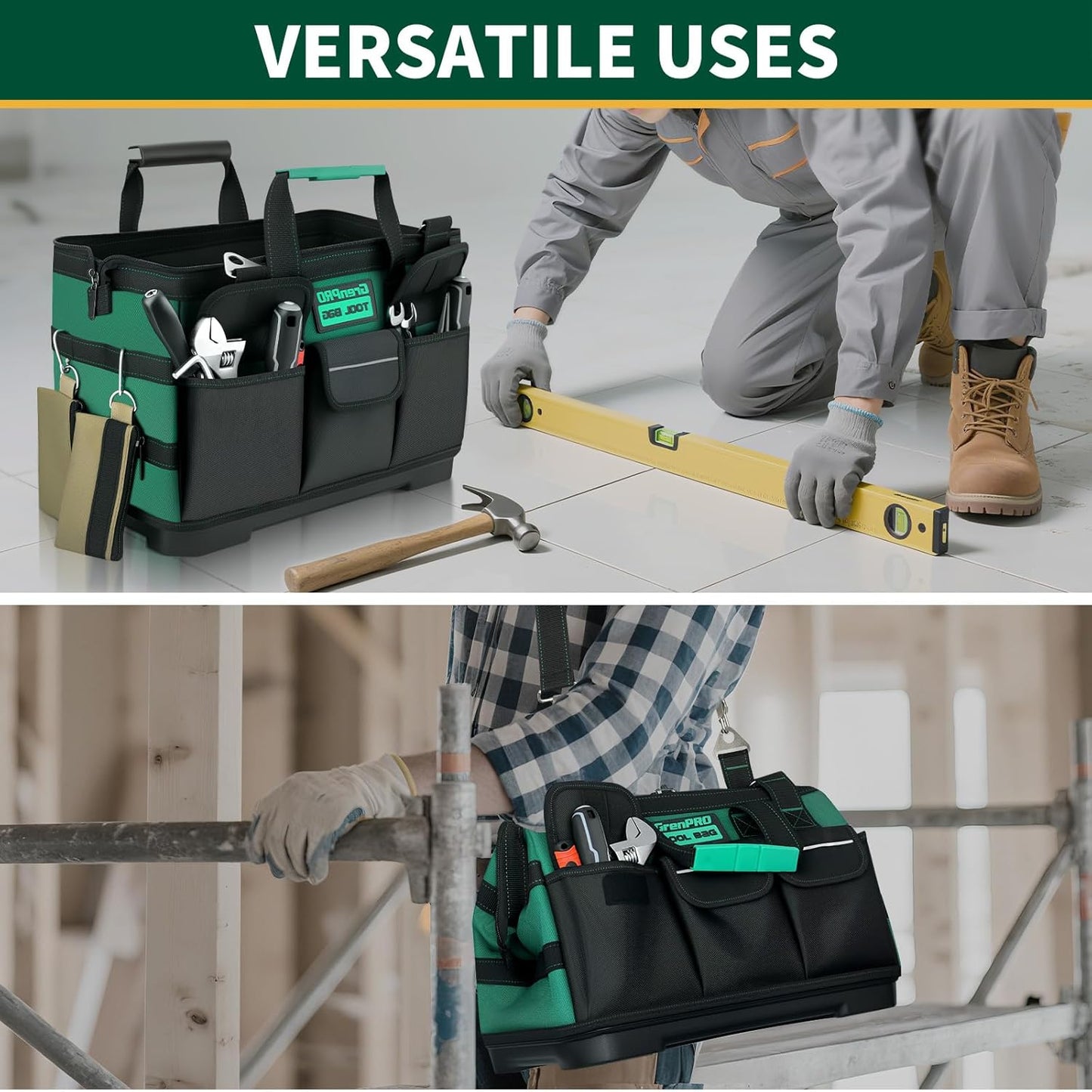 GrenPRO Garden Tool Bag Molded Bottom, Heavy Duty Tool Tote Toolbox with 10 Pockets, Reinforced & Top Snap Closure for Gardening Tools Storage, Dark Green(Tools Not Included)