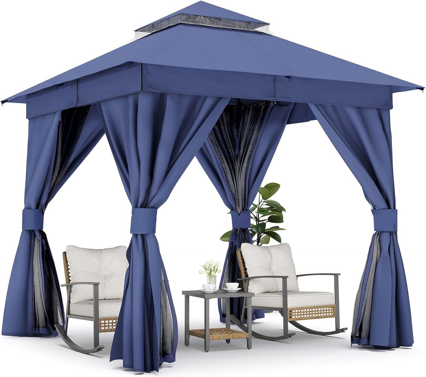 10x20 Gazebo Canopy with 100FT String Lights, Metal Heavy Duty Patio Canopy Tent with Double Roofs, Mosquito Nettings and Privacy Screens for Backyard, Garden, Lawn, Gray