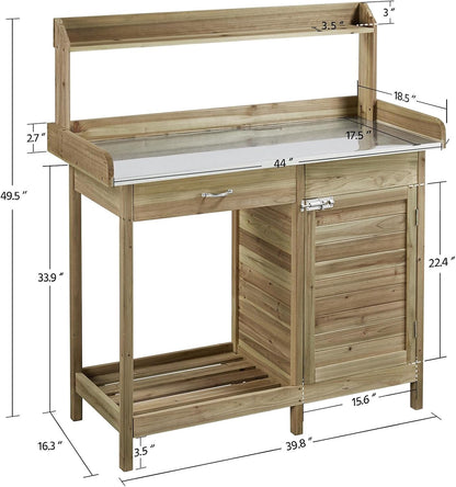 Yaheetech Outdoor Garden Potting Bench Table Work Bench Metal Tabletop W/Cabinet Drawer Open Shelf Natural Wood