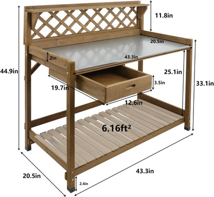 PetsCosset Folding Garden Potting Bench Table，Outdoor Wooden Work Station W/Metal Table Top,2 Tier Open Storage Rack,Top Shelf-Natural Stained