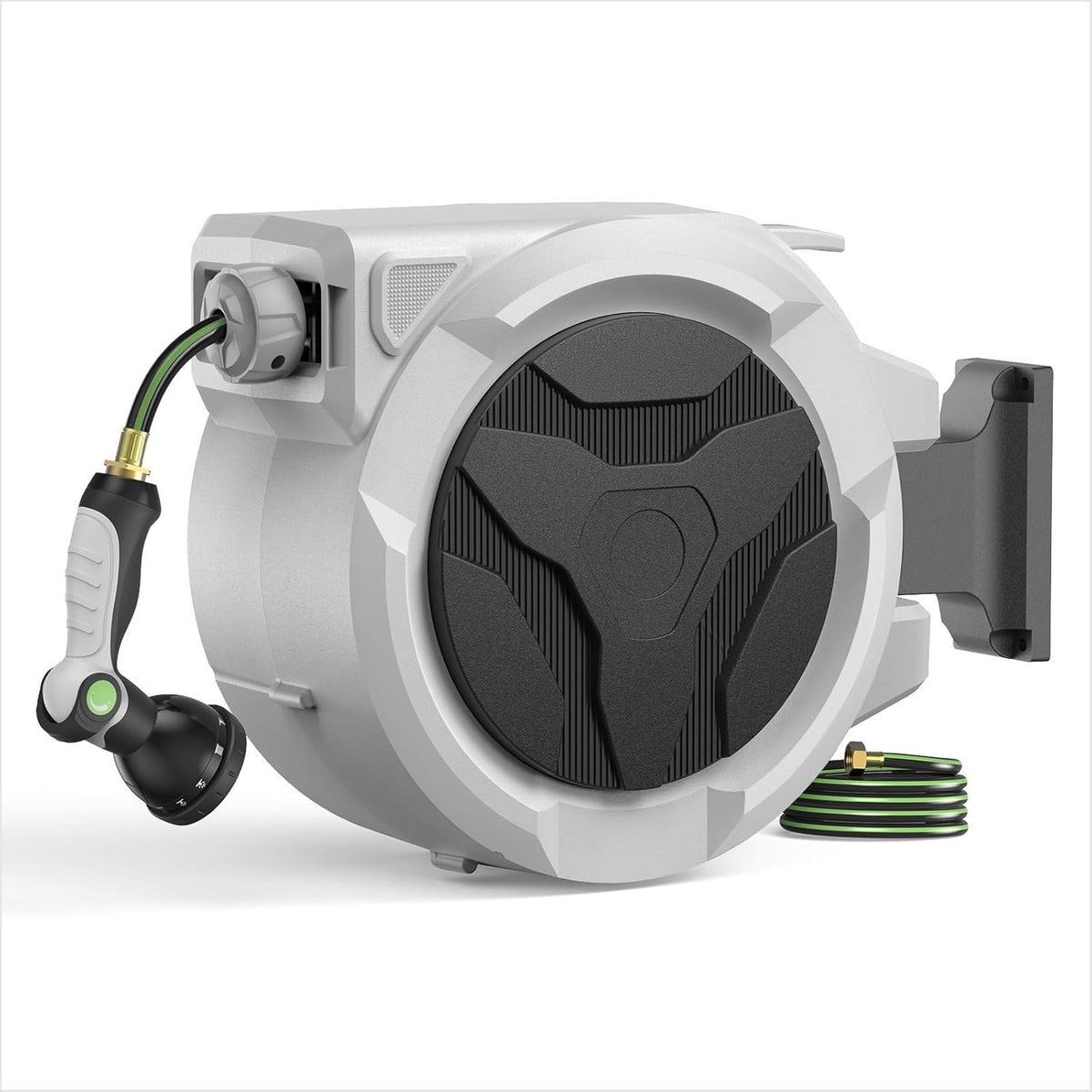 Retractable Garden Hose Reel 100ft x 1/2 in, Wall Mounted Garden Hose Reel with Auto Rewind, 180° Swivel Bracket, UV Resistant Water Hose Reel with 10 Spray Nozzle, Heavy Duty for Outside Use
