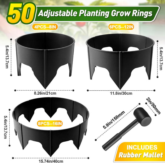 50 Pcs Planting Grow Rings, Diameter Range 8.2-15.7 Inches, Adjustable Interlocking Plant Support Rings with Mallet, Reusable Tree Watering Ring for Garden Root Irrigation (Black)