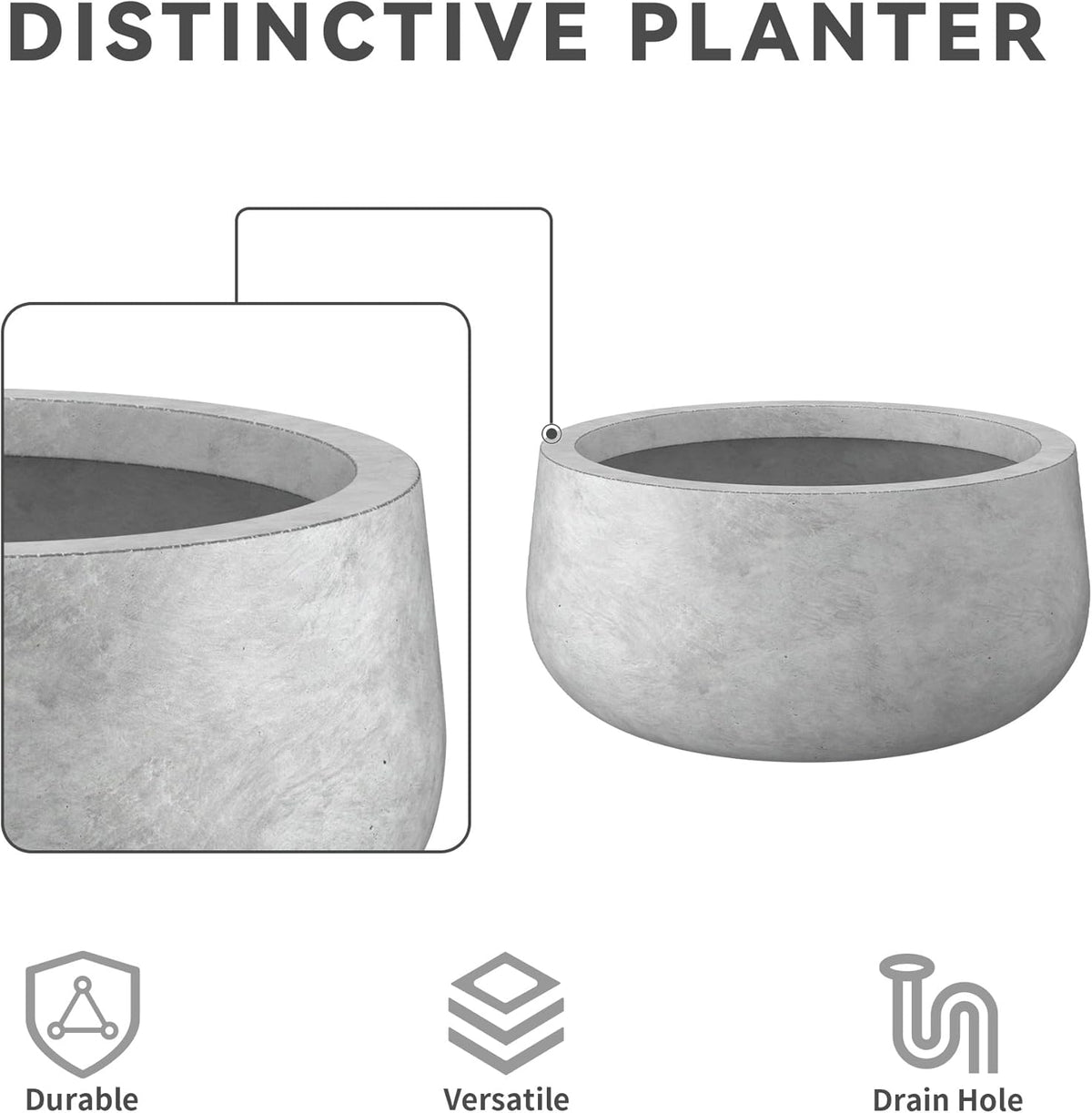 Kante 15.7" Dia Round Concrete Planter, Outdoor Indoor Garden Plant Pots with Drainage Hole and Rubber Plug, Modern Curvaceous Design, Slate Gray
