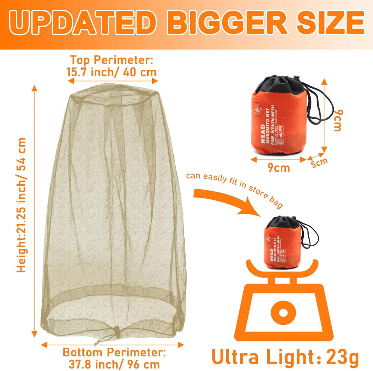 Benvo Mosquito Head Net Mesh, Face Neck Fly Netting Hood from Bugs Gnats Noseeums Screen Net for Any Outdoor Lover- with Carry Bags Fits Most Sizes of Hats Caps (2pcs, Black, Updated Big Net)