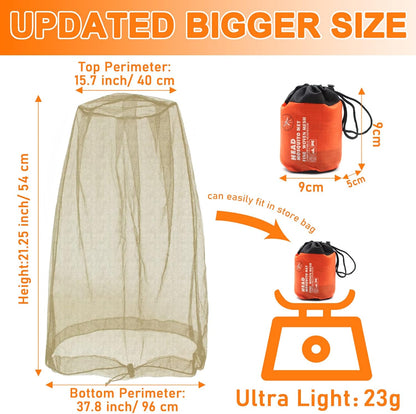 Benvo Mosquito Head Net Mesh, Face Neck Fly Netting Hood from Bugs Gnats Noseeums Screen Net for Any Outdoor Lover- with Carry Bags Fits Most Sizes of Hats Caps (2pcs, Black, Updated Big Net)