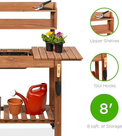 Best Choice Products Mobile Garden Potting Bench, Outdoor Wood Workstation Table w/Sliding Tabletop, 4 Locking Wheels, Food Grade Dry Sink, Storage Shelves - Sage Green