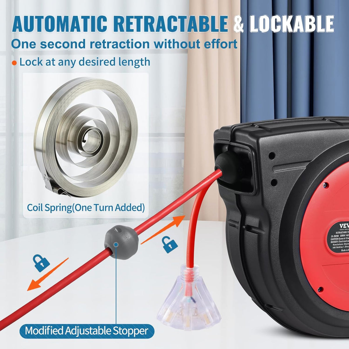 65FT Retractable Extension Cord Reel, Heavy Duty 12AWG/3C SJTOW Cord