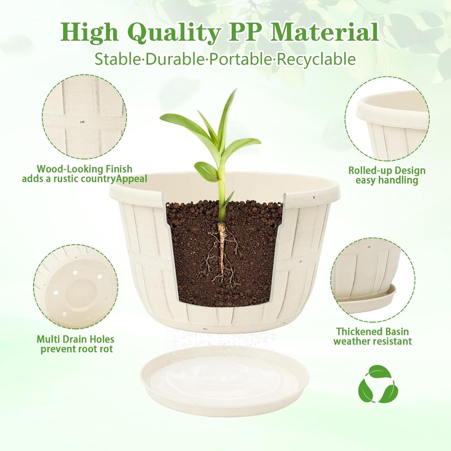 Quarut 14 Inch Plastic-Flower-Pot-for-Indoor-Plants, 4 Pack Large Outdoor Planter Pot with Drainage Holes & Saucers, Resin Decorative Garden Pots Planters（Brown）