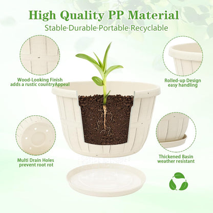 Quarut 14 Inch Plastic-Flower-Pot-for-Indoor-Plants, 4 Pack Large Outdoor Planter Pot with Drainage Holes & Saucers, Resin Decorative Garden Pots Planters（Brown）