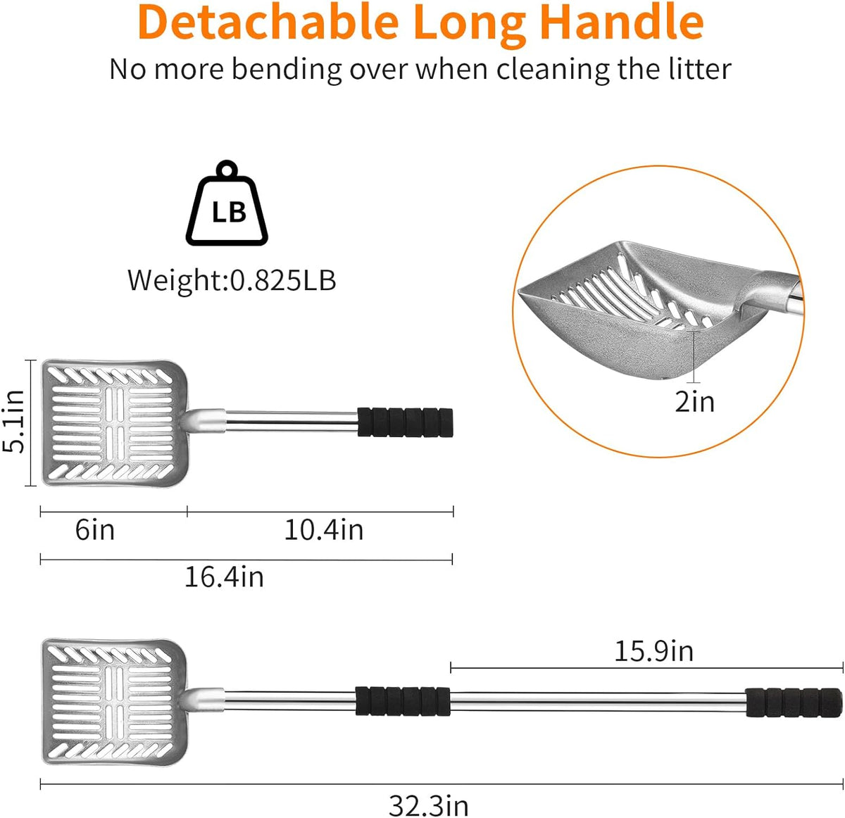 Yangbaga Metal Cat Litter Scoop:Detachable Long Handle Litter Scooper with Deep Shovel,Pooper Scooper Heavy Duty for Litter Box,Stainless Steel Non-Stick Sifter with Foam Padded Grip,No Bending Back