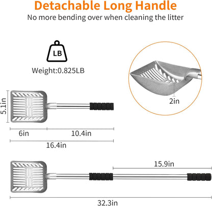 Yangbaga Metal Cat Litter Scoop:Detachable Long Handle Litter Scooper with Deep Shovel,Pooper Scooper Heavy Duty for Litter Box,Stainless Steel Non-Stick Sifter with Foam Padded Grip,No Bending Back