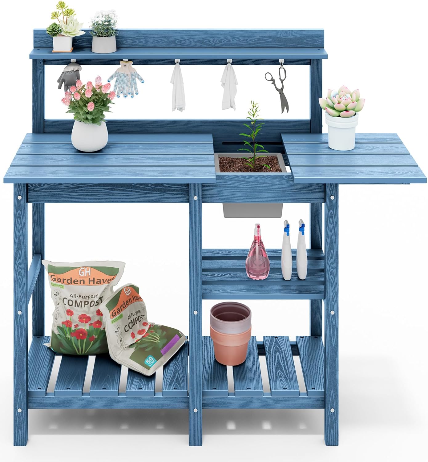 SERWALL Outdoor Potting Bench with Removeable Sink,Rot-Resistant HDPE Potting Table for Outside Gardening, All Weather Use - Gray