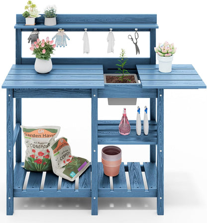SERWALL Outdoor Potting Bench with Removeable Sink,Rot-Resistant HDPE Potting Table for Outside Gardening, All Weather Use - Gray