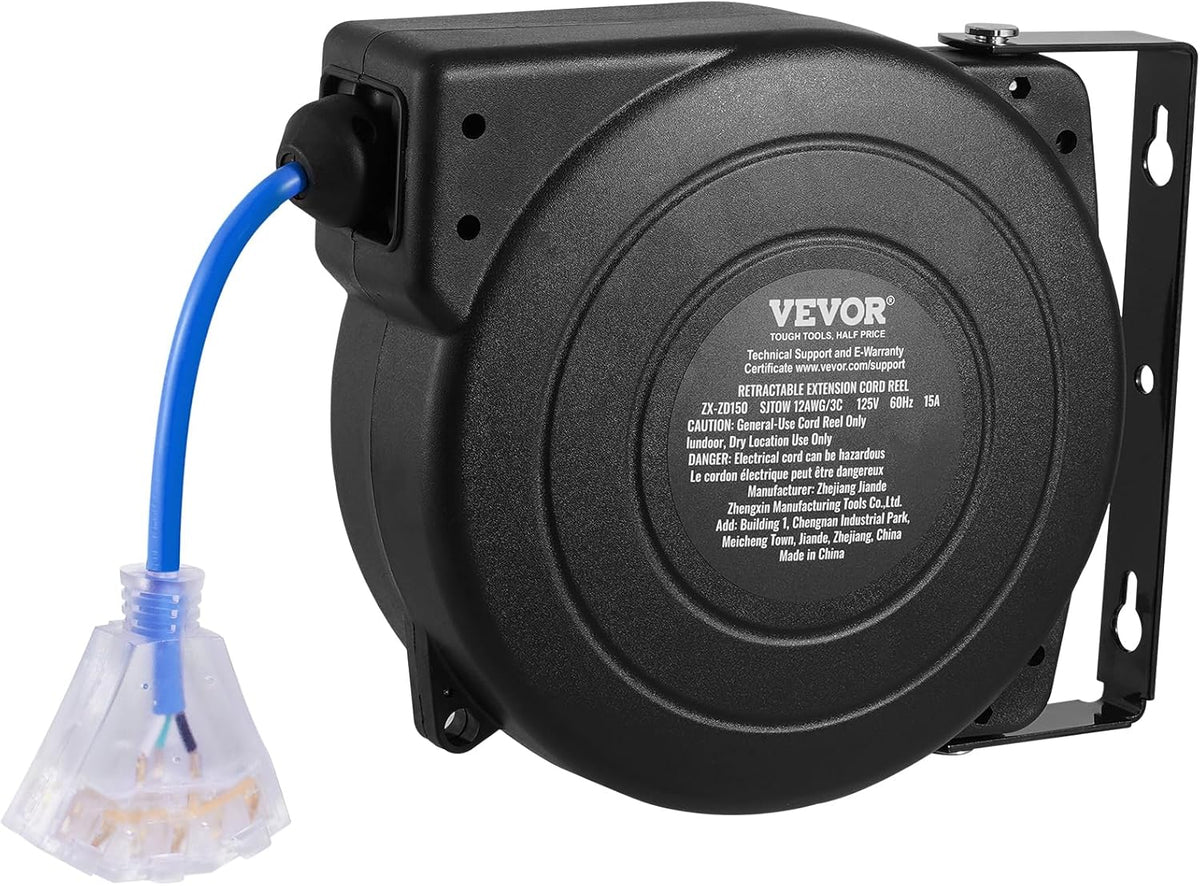 65FT Retractable Extension Cord Reel, Heavy Duty 12AWG/3C SJTOW Cord