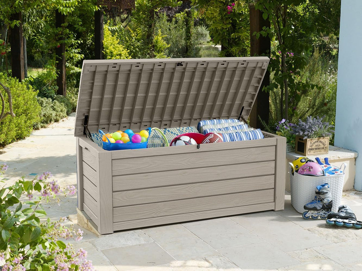 Keter 150 Gallon Resin Large Deck Box Organization and Storage Box for Patio, Outdoor Cushions, Garden Tools, Brown