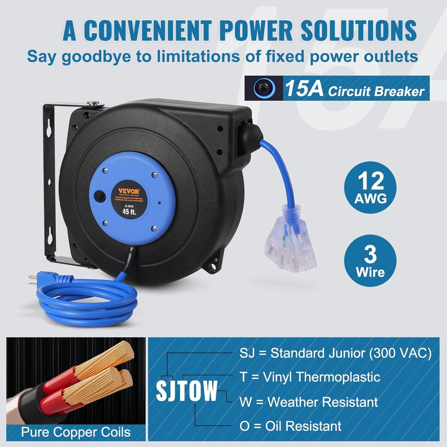 65FT Retractable Extension Cord Reel, Heavy Duty 12AWG/3C SJTOW Cord