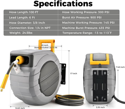 GLAHODEN Retractable Air Hose Reel, 3/8 in x 100 Ft Hybrid Hose Air Compressor Hose Reel with 6 Ft Lead in Max 300 PSI Patented Design for Any Length Lock 180°Swivel Bracket Quick Coupler