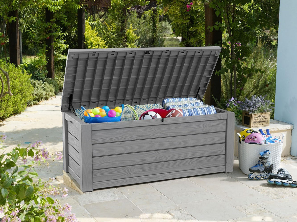 Keter 150 Gallon Resin Large Deck Box Organization and Storage Box for Patio, Outdoor Cushions, Garden Tools, Brown