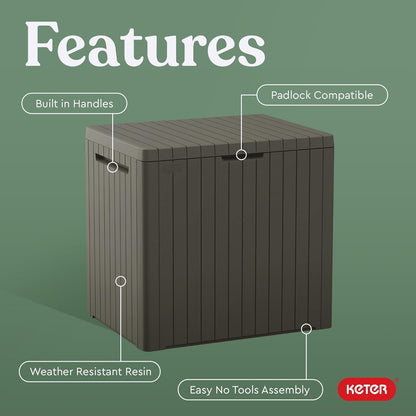 Keter City 30 Gallon Resin Outdoor Storage Box and Patio Furniture Side Table for Pool and Garden Accessories, Brown