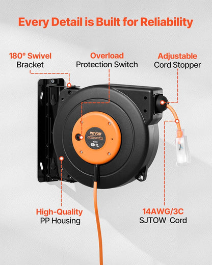 65FT Retractable Extension Cord Reel, Heavy Duty 12AWG/3C SJTOW Cord