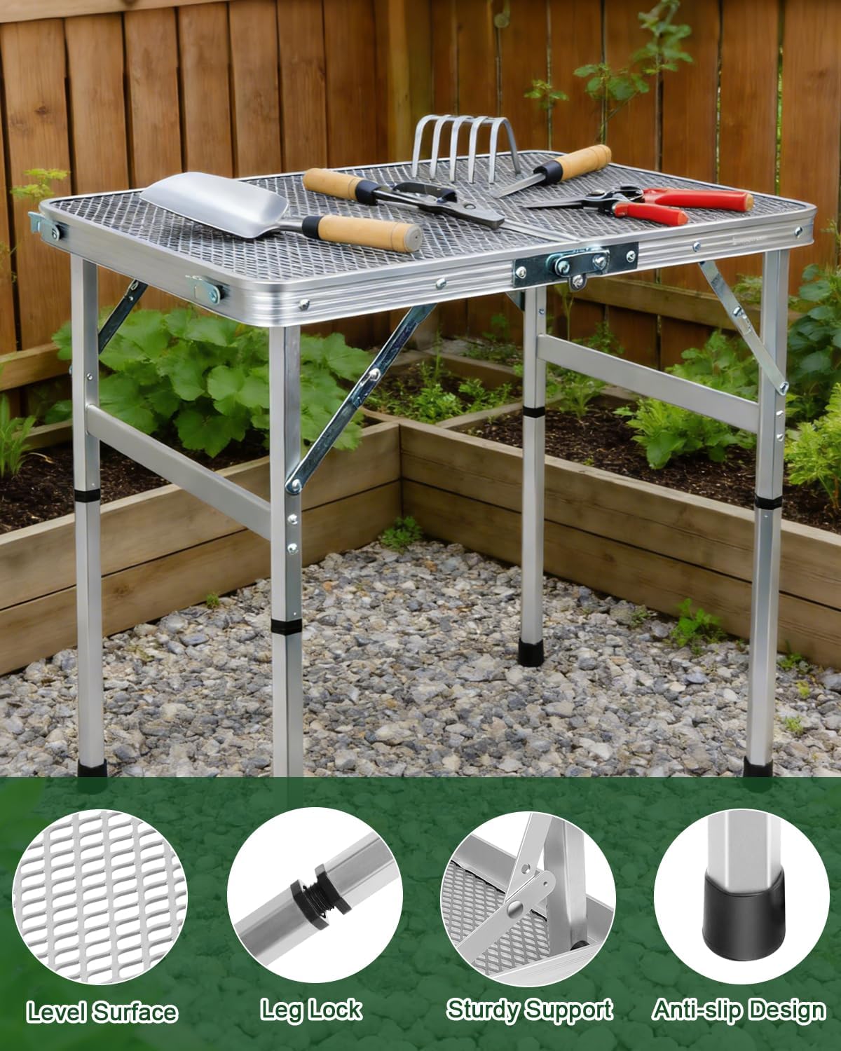 2Ft Small Folding Table with Carry Handle, Camping Table Adjustable Height 10.6–22 in, Black Metal Mesh, Portable & Compact for Outdoor/Indoor,Grill Table, 23.6×15.8 in, 4 lb, 66 lb Capacity
