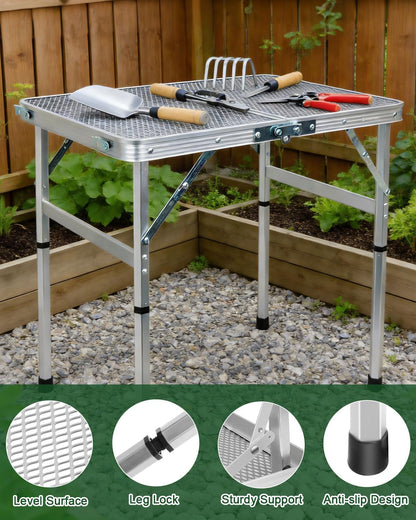 2Ft Small Folding Table with Carry Handle, Camping Table Adjustable Height 10.6–22 in, Black Metal Mesh, Portable & Compact for Outdoor/Indoor,Grill Table, 23.6×15.8 in, 4 lb, 66 lb Capacity