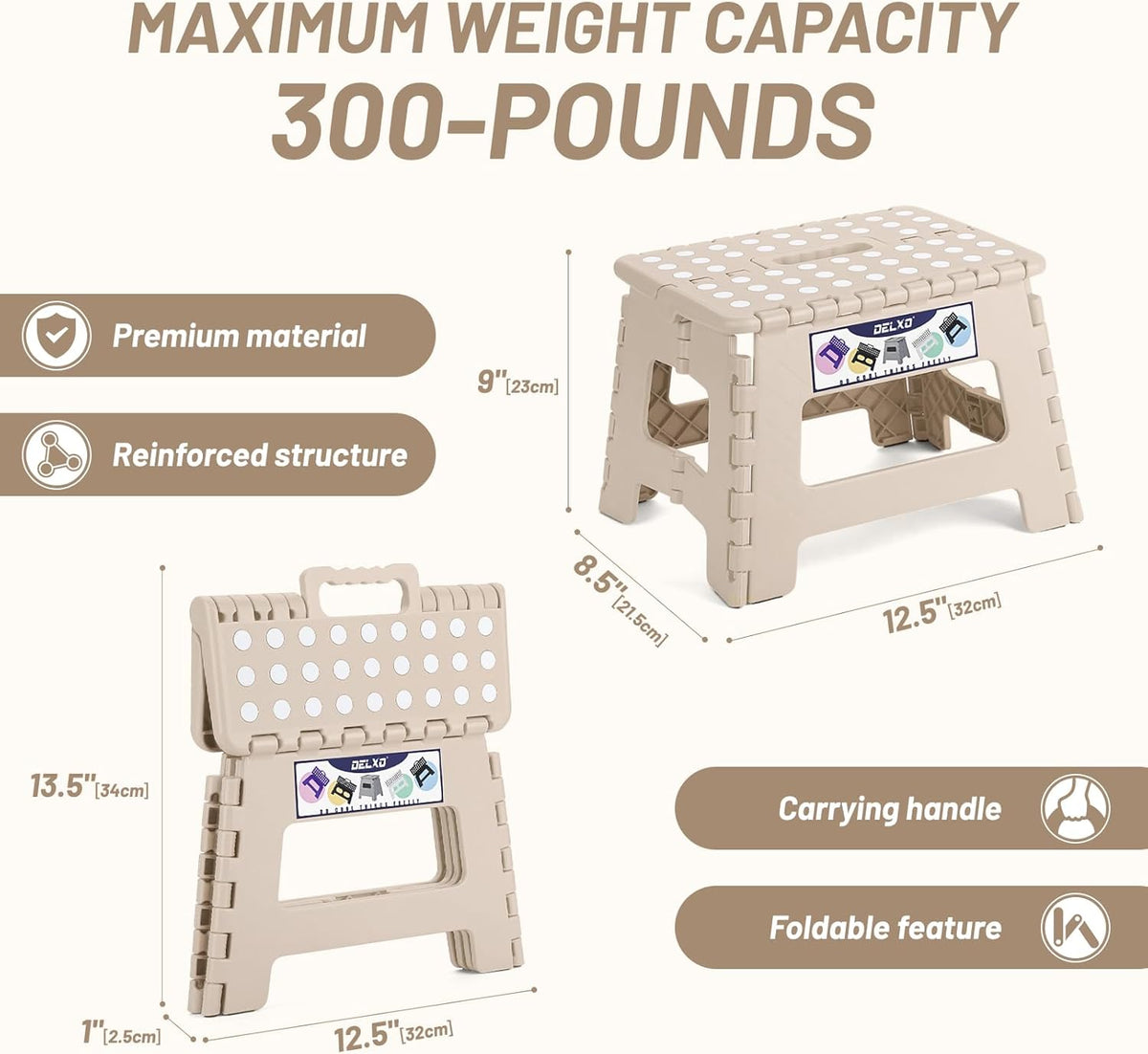 Folding Step Stool 13 Inch,300 Lbs Step Stool for Adults Black