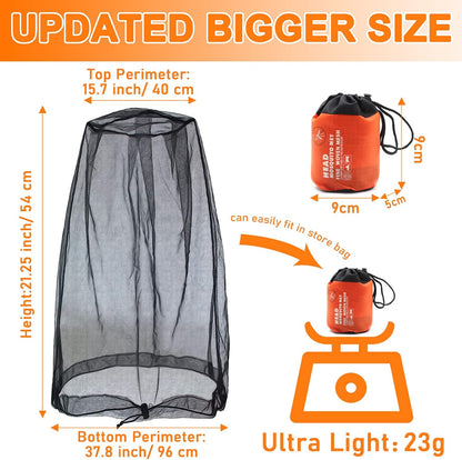 Benvo Mosquito Head Net Mesh, Face Neck Fly Netting Hood from Bugs Gnats Noseeums Screen Net for Any Outdoor Lover- with Carry Bags Fits Most Sizes of Hats Caps (2pcs, Black, Updated Big Net)