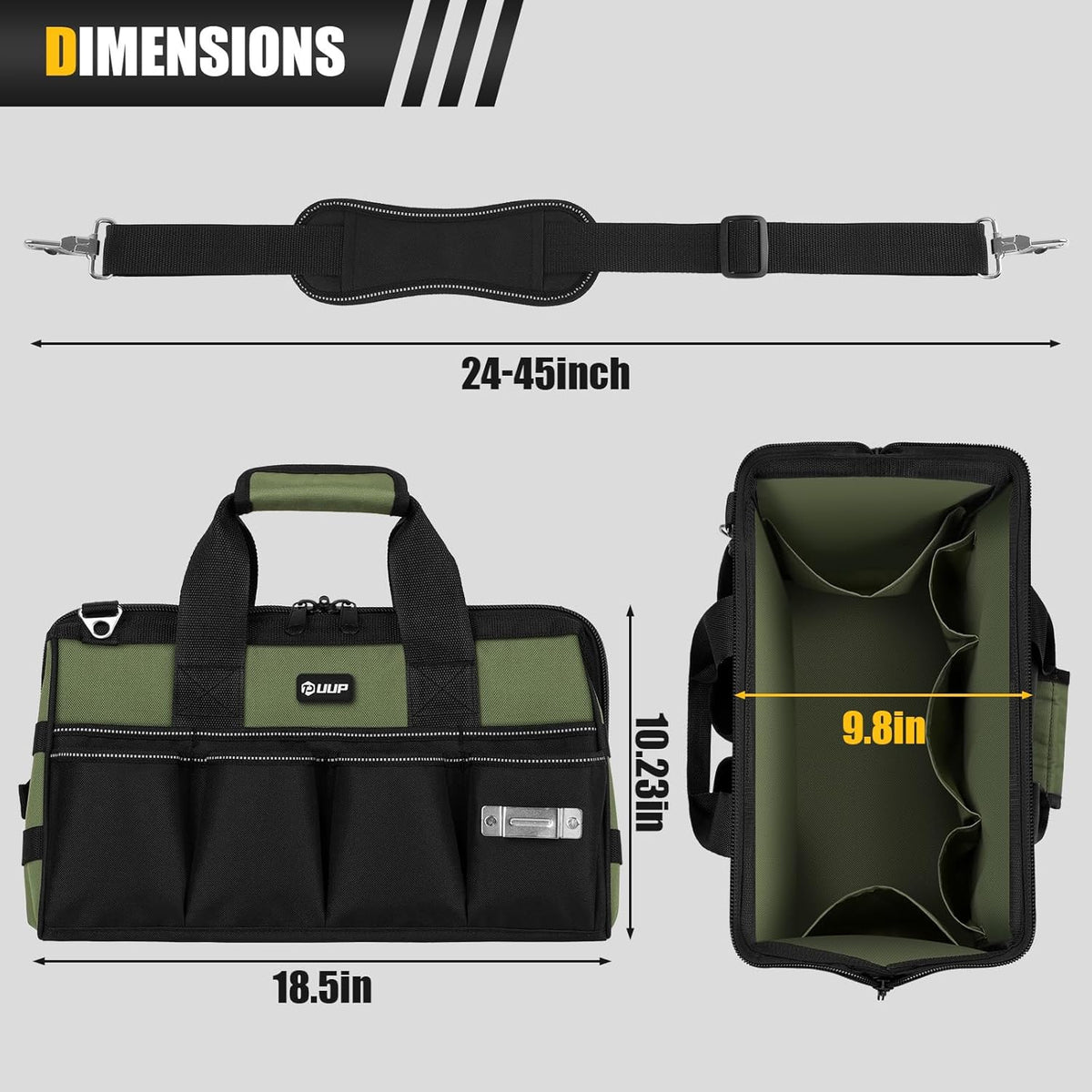 UUP Heavy Duty Tool Bag 15-Inch, 16-Pocket Portable Empty Tool Box Organizer, Big Storage Toolbox Organization, Soft Handle Large Zipper Carrying Toolbag, Father Day Gifts for Him Dad Men, Green