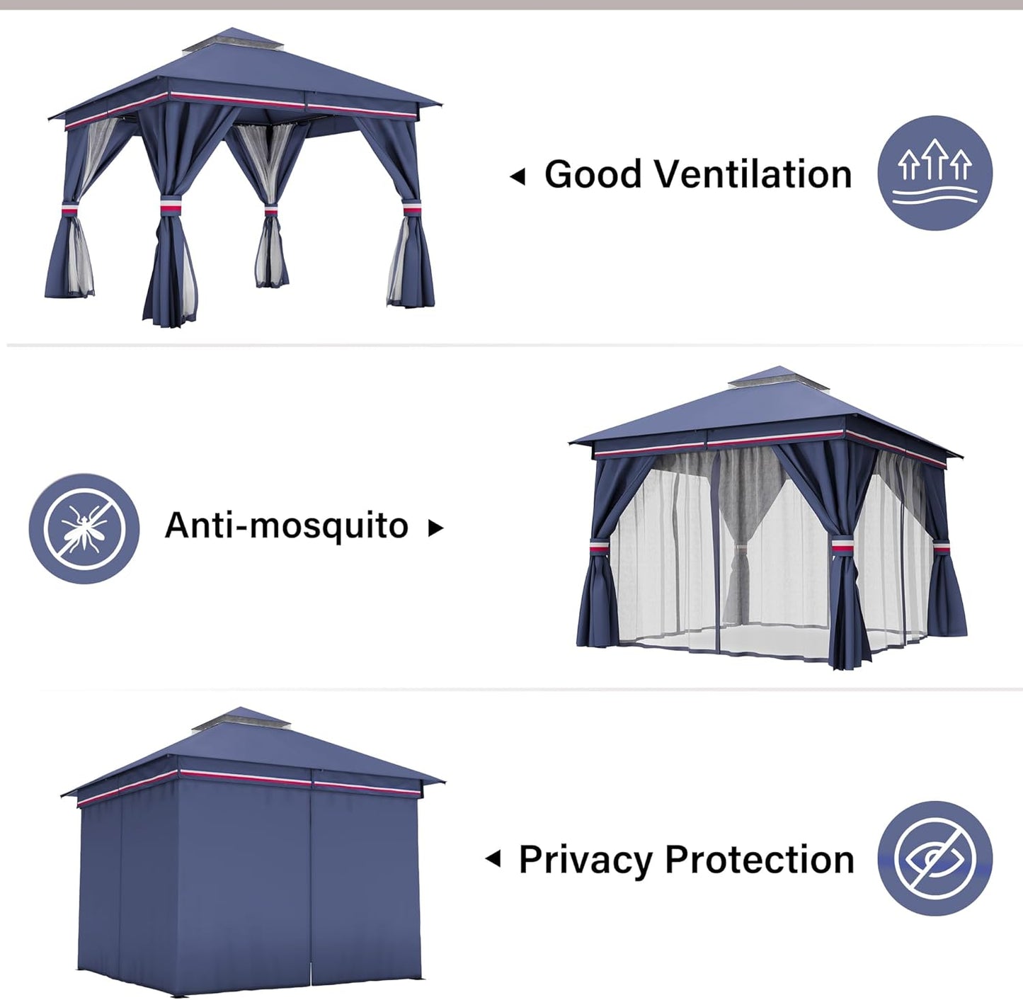 10x20 Gazebo Canopy with 100FT String Lights, Metal Heavy Duty Patio Canopy Tent with Double Roofs, Mosquito Nettings and Privacy Screens for Backyard, Garden, Lawn, Gray