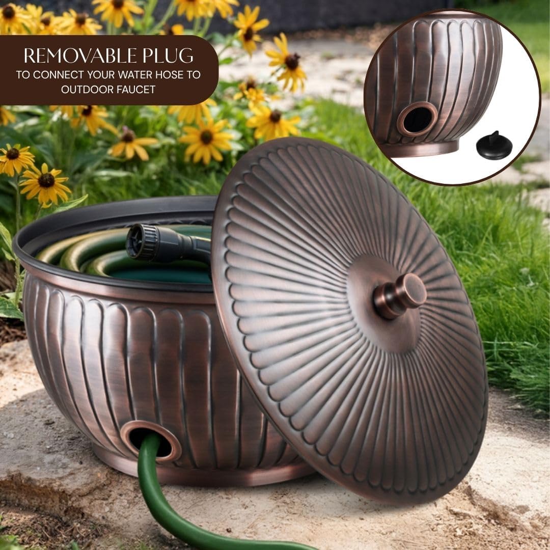 Monarch Abode Garden Hose Holder with Lid – Decorative Water Hose Holders for Outside, Arch Embossed Metal Patina Pot with Drainage, 100ft Waterhose Holder for Outside, Garden Storage Caddy