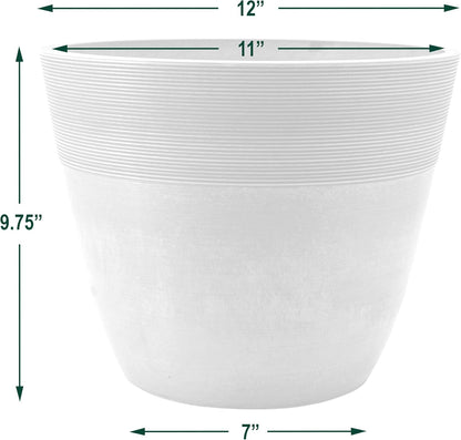PSW Pot Collection 16-inch Plastic/Stone/Wood Composite Large Ribbed Planter – No Drainage Hole (Drillable), Indoor/Outer Garden Pot for Foliage, Trees, Flowers, Ferns, Cement Gray