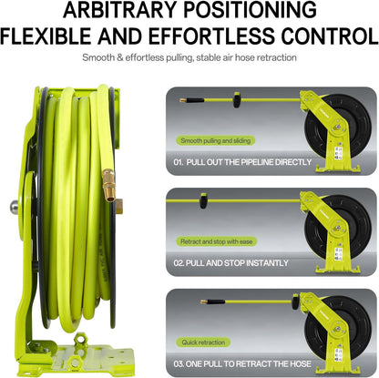 Retractable Garden Hose Reel, 50 FT Hi-Vis Neon Green Hybrid Hose, 300 PSI Heavy Duty Steel Reel, Auto Rewind, Wall Mount, for Lawn & Yard Gardening, 1/4" NPT