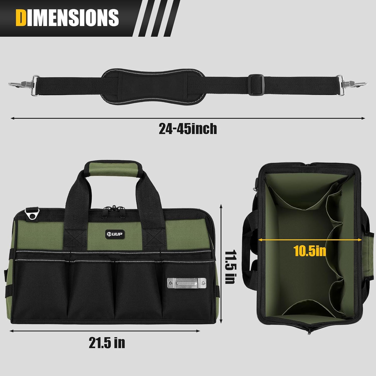 UUP Heavy Duty Tool Bag 15-Inch, 16-Pocket Portable Empty Tool Box Organizer, Big Storage Toolbox Organization, Soft Handle Large Zipper Carrying Toolbag, Father Day Gifts for Him Dad Men, Green