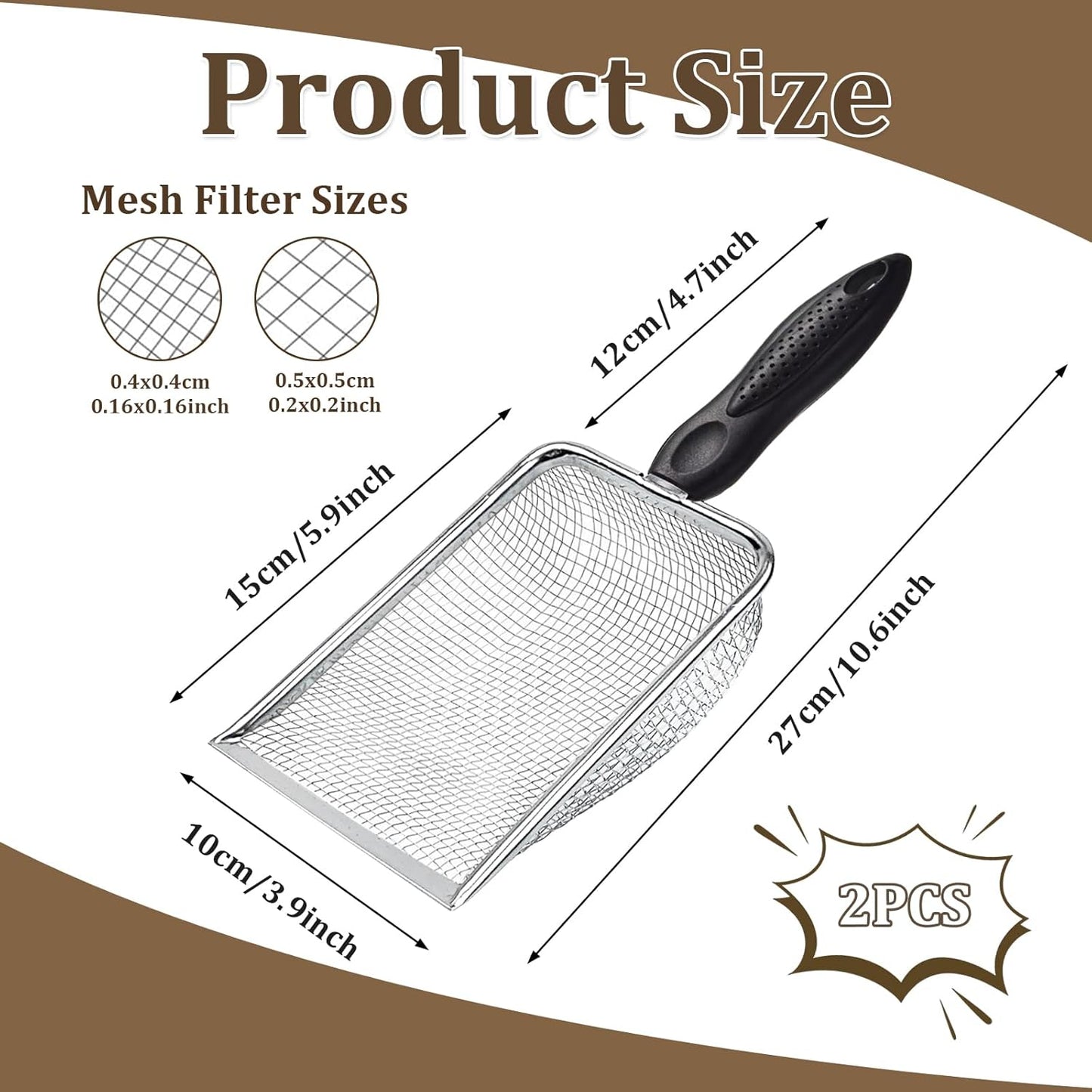 2 PCS Gardening Soil Sifter 3.8 & 5mm Mesh Stainless Steel Square Compost Sieves with Handle Portable Scoop Shovels for Soil, Rocks, Sand, Dirt