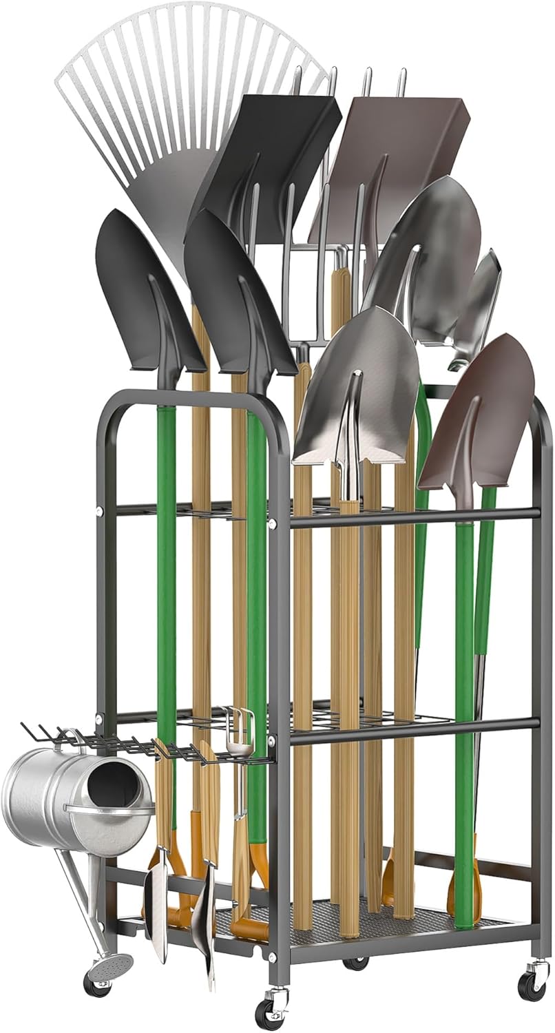 WALMANN Garden Tool Organizer with Wheels for Garage, Large Storage Capacity, Rakes/Shovels/Yard Tools Storage Stand for Shed, Garden, Indoor/Outdoor Long-Handled Tools Rolling Cart
