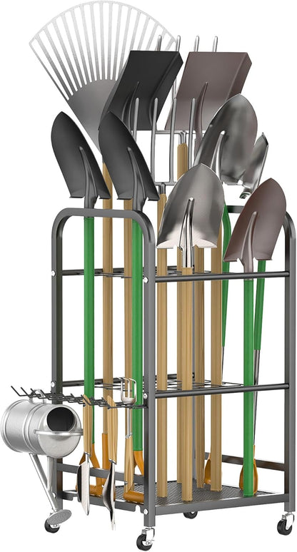 WALMANN Garden Tool Organizer with Wheels for Garage, Large Storage Capacity, Rakes/Shovels/Yard Tools Storage Stand for Shed, Garden, Indoor/Outdoor Long-Handled Tools Rolling Cart