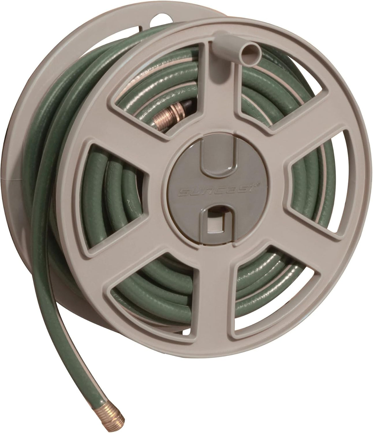 Suncast 100 ft Garden Hose Holder Wall Mount, Taupe Heavy-Duty Wall Mounted Water Hose Reel for Outside Use, Manually Retractable Sidewinder, Open Space-Saving Storage, Made in the USA
