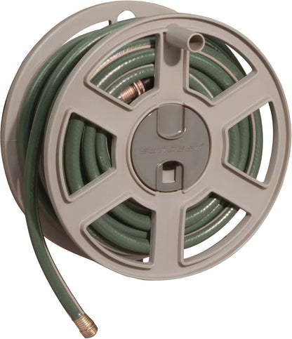Suncast 100 ft Garden Hose Holder Wall Mount, Taupe Heavy-Duty Wall Mounted Water Hose Reel for Outside Use, Manually Retractable Sidewinder, Open Space-Saving Storage, Made in the USA