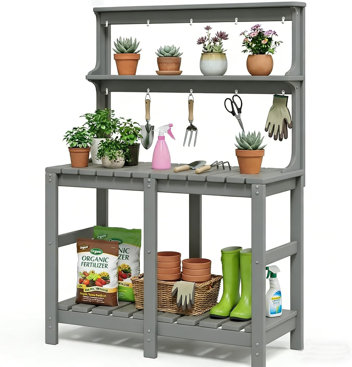 Outdoor Potting Bench with 3 Tier, All-Weather Patio Potting Table with Tool Hooks, HDPE Gardening Table for Backyard, Garden, Brown