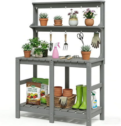 Outdoor Potting Bench with 3 Tier, All-Weather Patio Potting Table with Tool Hooks, HDPE Gardening Table for Backyard, Garden, Brown