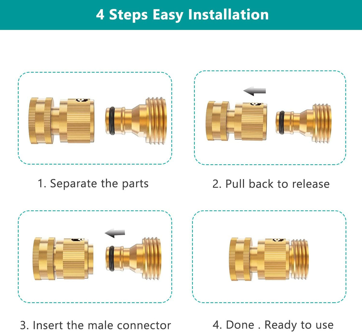FINEST+ Garden Hose Quick Connector, Solid Brass 3/4 Inch Thread Fitting No-Leak Water Hose Female and Male Easy Connect (6 Sets)