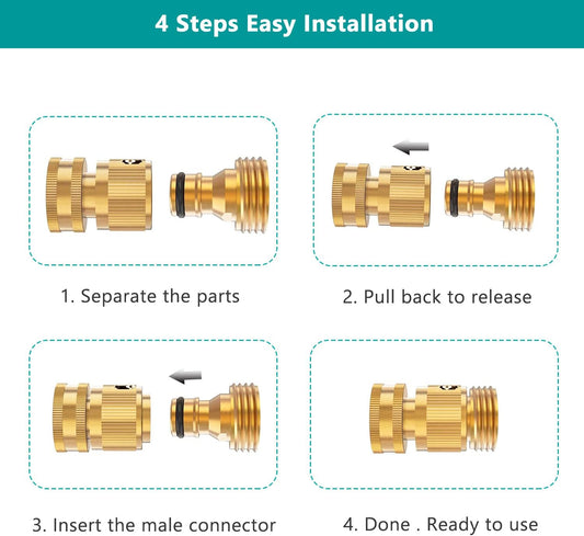 FINEST+ Garden Hose Quick Connector, Solid Brass 3/4 Inch Thread Fitting No-Leak Water Hose Female and Male Easy Connect (6 Sets)
