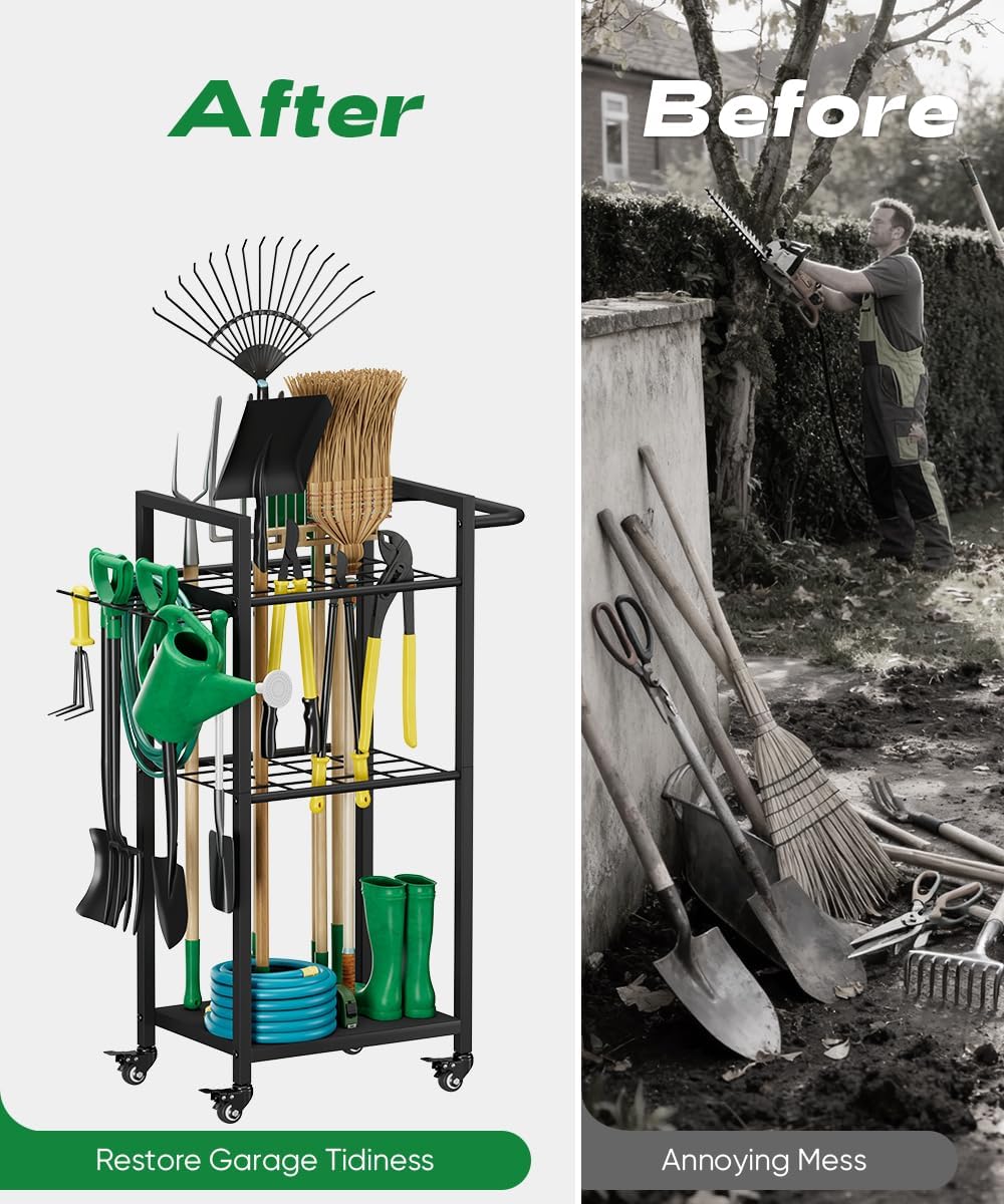 Garden Tool Organizer with Wheels, Heavy Duty 3 Tier Metal Yard Tool Storage Rack Holder with Side Hooks, Freestanding Garage Organizer for Shovels, Rakes, Brooms, Indoor Outdoor Use, Black