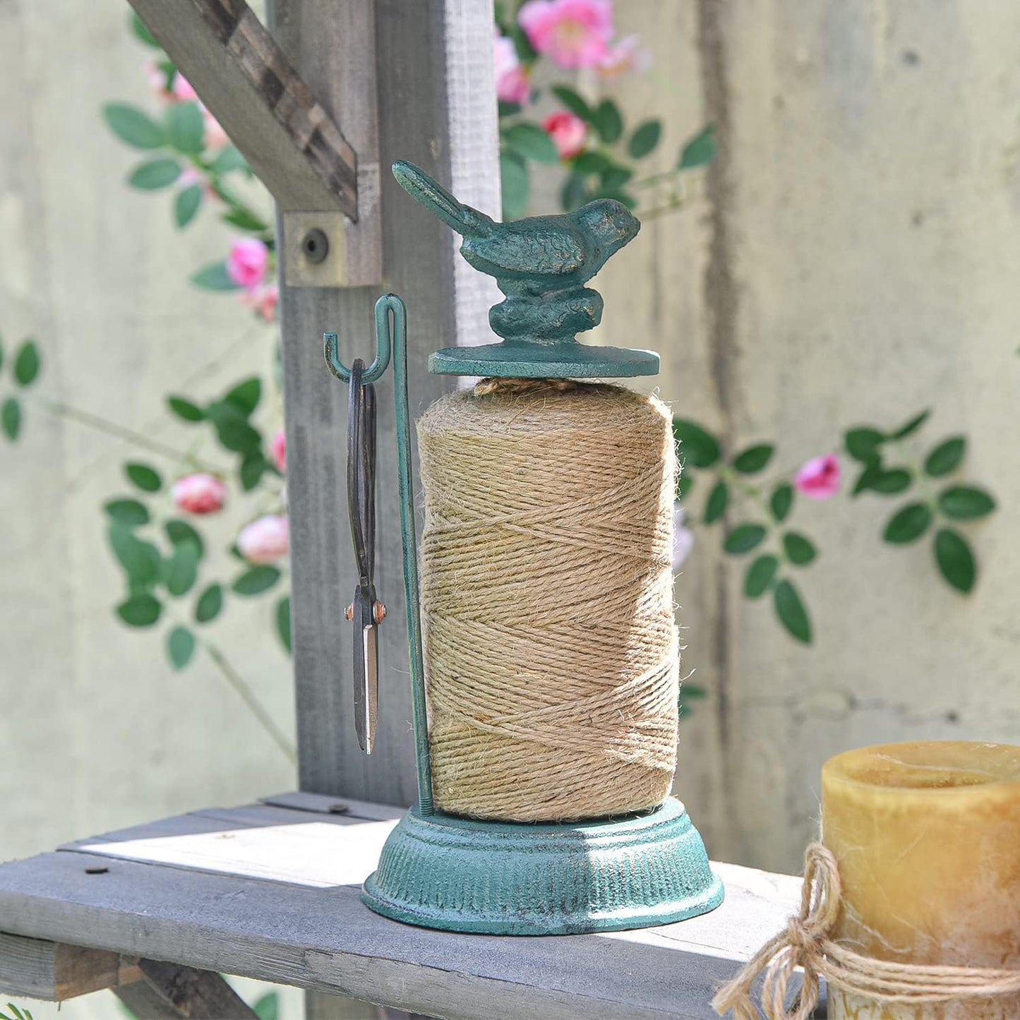 Sungmor Cast Iron Garden Twine Holder Set - 1300ft. Natural Jute Twine String & Rope Rack & Scissors - Decorative & Practical Home Arts Crafts Tools for Picture Display Gift Wrapping Packing Gardening
